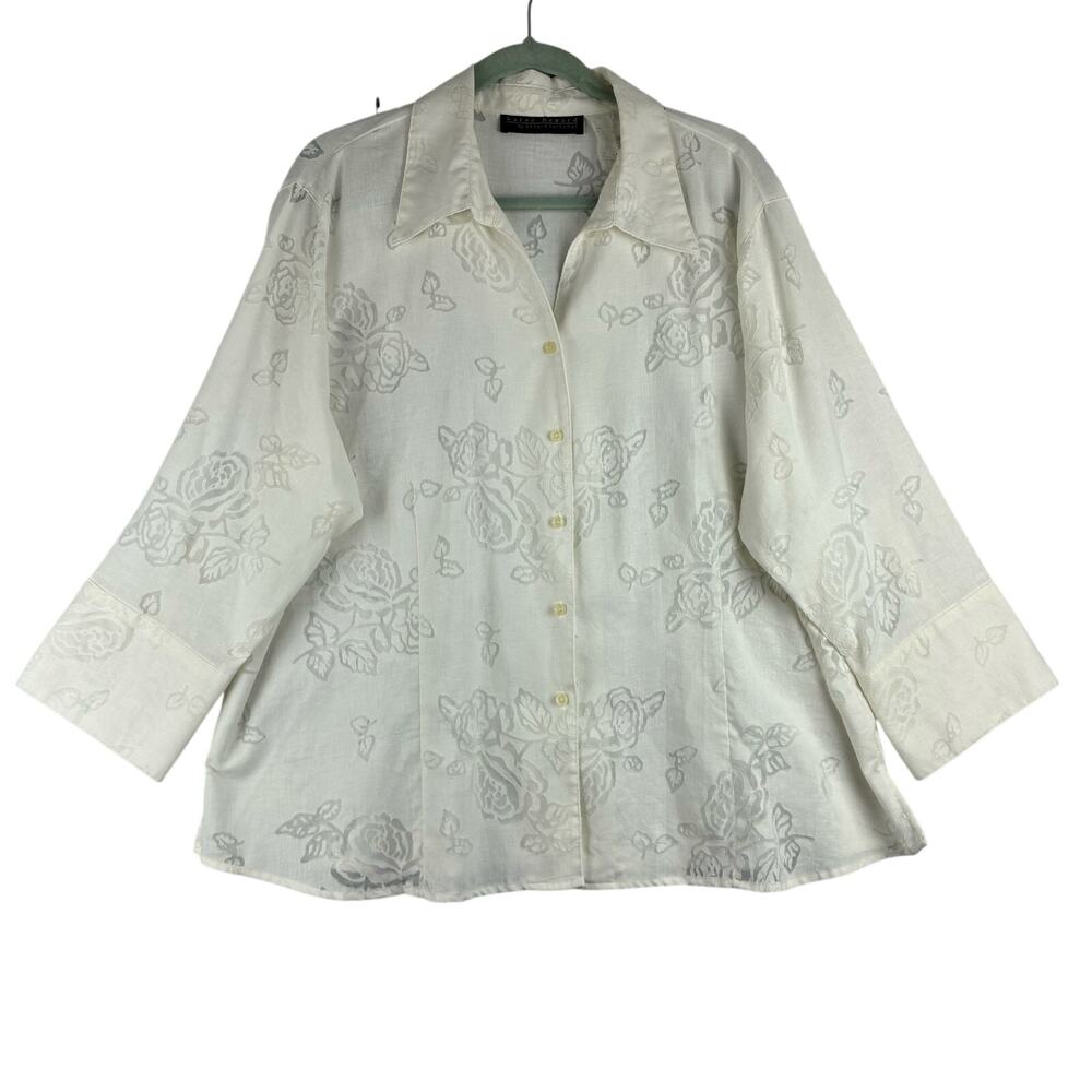 Harve Benard Linen Blend Button Up Blouse Womens Measured 2X Floral White Lagen